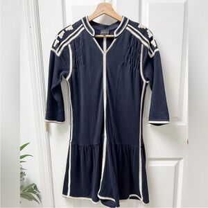 Berenice Wool Blend V-neck Half Sleeve Peplum Hem Pullover Dress in Blue